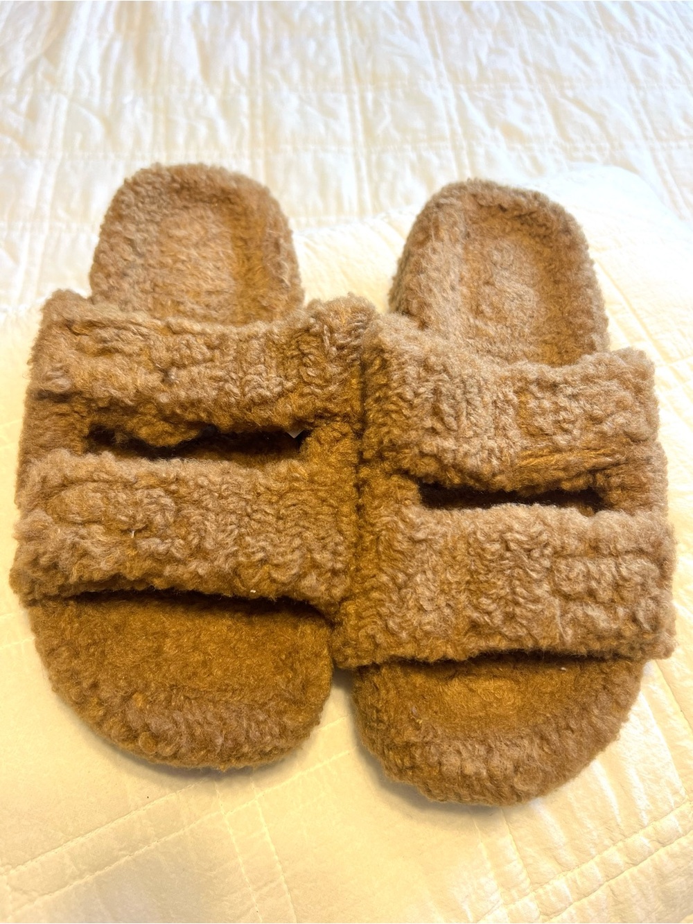 Cozy Fuzzy Double-Strap Slides/Slippers - Honey Brown | Women’s 8